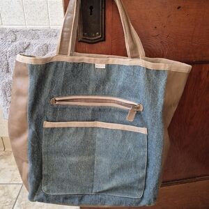 Caterina Lucchi Denim Blue and Tan Tote Bag with Front Pocket
